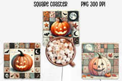 Cute Halloween patchwork pumpkin square coaster sublimation Product Image 1