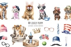 Watercolor dog breeds clipart. Puppies clipart. Dogs clip art. Dog types and accessories PNG. My lovely puppy set. Dog lover. Small medium large breeds.