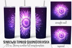 Sunflower tumbler wrap sublimation design with glowing  purple neon sunflower on dark purple background.  Straight and tapered walls 20 oz skinny tumbler full wrap png files for download.