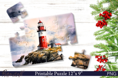 Watercolor Lighthouse Puzzle PNG | Coastal Sublimation Product Image 1
