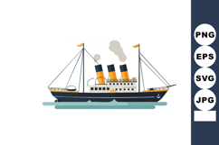 Vintage steamship sailing on calm blue sea with yellow flags Product Image 1