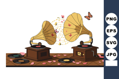 Vintage gramophones playing records with musical notes and b Product Image 1