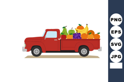 Red Pickup Truck Loaded with Various Fresh Fruits Vector Ill Product Image 1