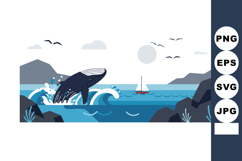 Whale breaching ocean waves with sailboat and rocky coastlin Product Image 1