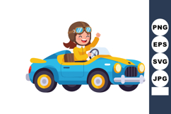 Woman driving blue vintage car smiling cheerful vector illus Product Image 1