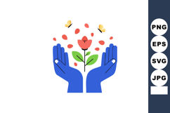 Blue Hands Protecting Red Flower with Butterflies Vector Ill Product Image 1