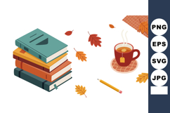 Stack of books with autumn leaves and steaming cup of tea co Product Image 1