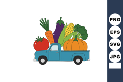 Blue Pickup Truck Carrying Fresh Vegetables Including Pumpki Product Image 1