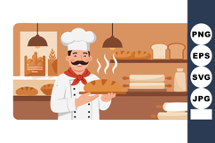 Baker holding freshly baked bread in bakery with warm interi Product Image 1