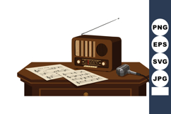 Vintage radio with microphone and sheet music on wooden tabl Product Image 1