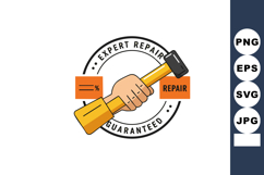 Hand Holding Hammer Expert Repair Guaranteed Badge Icon Vect Product Image 1