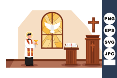 Priest holding chalice near altar with dove stained glass wi Product Image 1