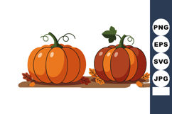 Two orange pumpkins with green stems and autumn leaves vecto Product Image 1