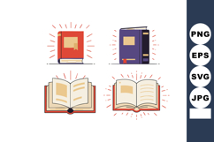 Set of four open and closed books with red and purple covers Product Image 1