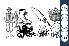 Hand Drawn Fishing Adventure Clipart Bundle with Wildlife Product Image 1