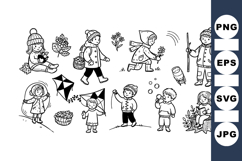 Cute Black White Kids Playing Outdoor Clipart Bundle Product Image 1