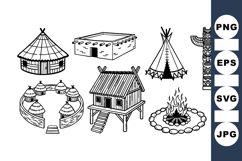 Black Outline Tribal Village Clipart Bundle Set for Crafting Product Image 1