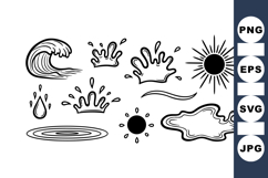 Hand Drawn Water Splash And Sun Vector Clipart Set Product Image 1