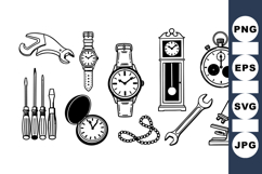 Hand Drawn Vintage Watch And Tool Clipart Set Product Image 1