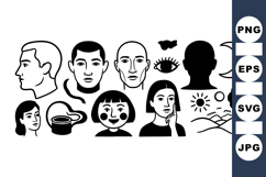 Hand Drawn Minimalist Face Sketches Clipart Set for Crafts Product Image 1