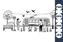 Vintage Black Line Art Tram And Commuters Illustration Pack Product Image 1