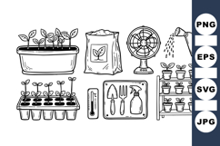 Hand Drawn Gardening Tools And Plant Clipart Set Product Image 1