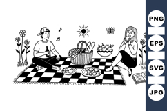Vintage Picnic Scene Black Line Art Illustration Product Image 1