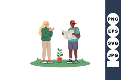 Young diverse friends exploring with map outdoors near plant Product Image 1