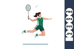 Female badminton player jumping to hit shuttlecock in green Product Image 1