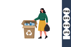 Woman recycling plastic bottles into bin promoting environme Product Image 1