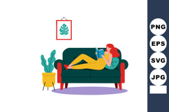 Woman reading book relaxing on dark green sofa modern living Product Image 1