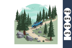 Blue pickup truck driving up rocky forest hill with pine tre Product Image 1