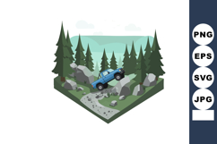 Off-road blue truck climbing rocky terrain in dense pine for Product Image 1