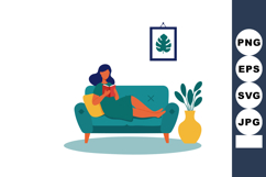 Woman Relaxing on Teal Sofa Reading Book in Cozy Living Room Product Image 1