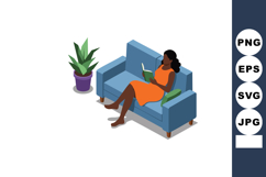 Woman reading book on blue sofa relaxing indoors with green Product Image 1