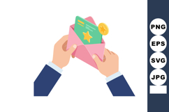 Hands holding pink envelope with green star card and gold co Product Image 1
