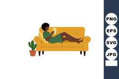 Woman reading book on yellow sofa relaxing with indoor plant Product Image 1