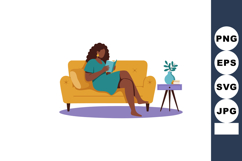 Woman reading book on yellow sofa in cozy living room with s Product Image 1