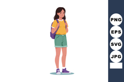 Young girl standing with backpack wearing yellow t-shirt gre Product Image 1