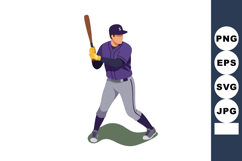 Baseball player in purple uniform preparing to swing bat dur Product Image 1