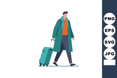 Man walking with turquoise suitcase wearing long coat and or Product Image 1