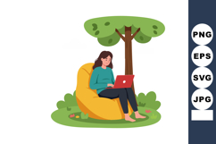 Woman working on laptop outdoors sitting on yellow bean bag Product Image 1