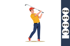 Golfer swinging golf club wearing red cap yellow shirt and b Product Image 1
