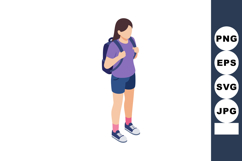 Girl standing with backpack wearing purple shirt and blue sh Product Image 1