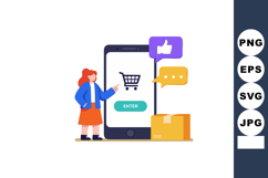 Online shopping mobile app with woman pointing at cart icon Product Image 1
