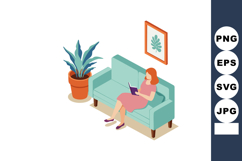 Woman reading book on teal sofa near large potted plant and Product Image 1
