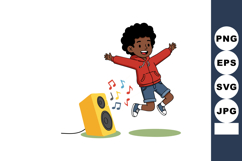 Boy jumping happily to music from yellow speaker enjoying fu Product Image 1