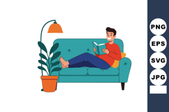 Man relaxing on turquoise sofa reading book with indoor plan Product Image 1