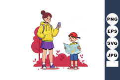 Young woman and boy exploring outdoors with map and smartpho Product Image 1