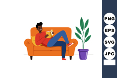Man reading book relaxed on orange sofa with green potted pl Product Image 1